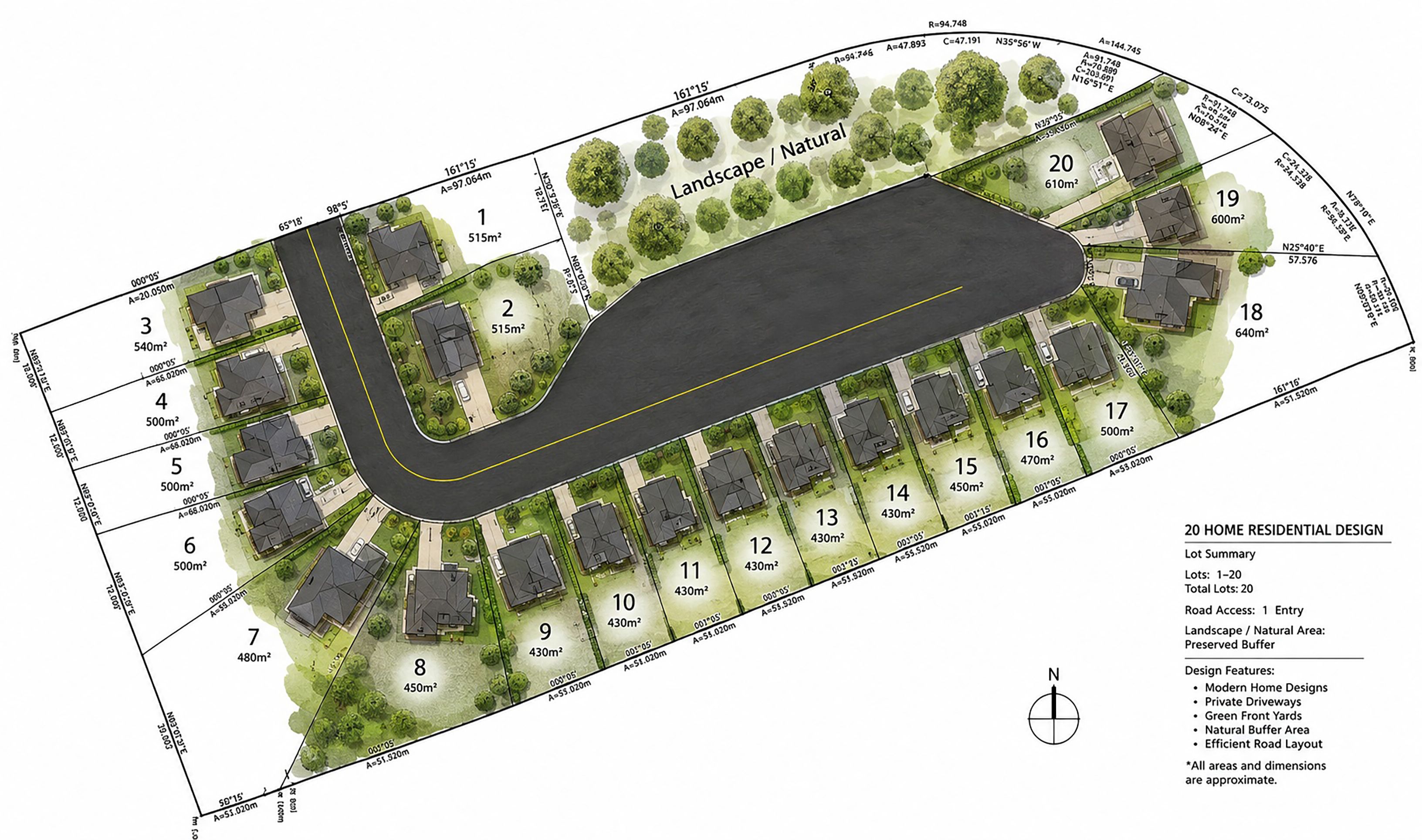 Calla Way Court community site plan — 20 bungalow lots around a quiet court